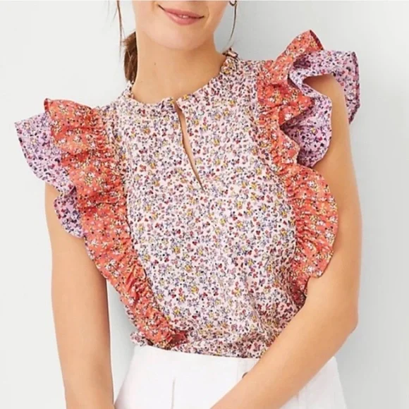 Ann Taylor Floral Ditsy sleeveless ruffle top - Picture 2 of 12